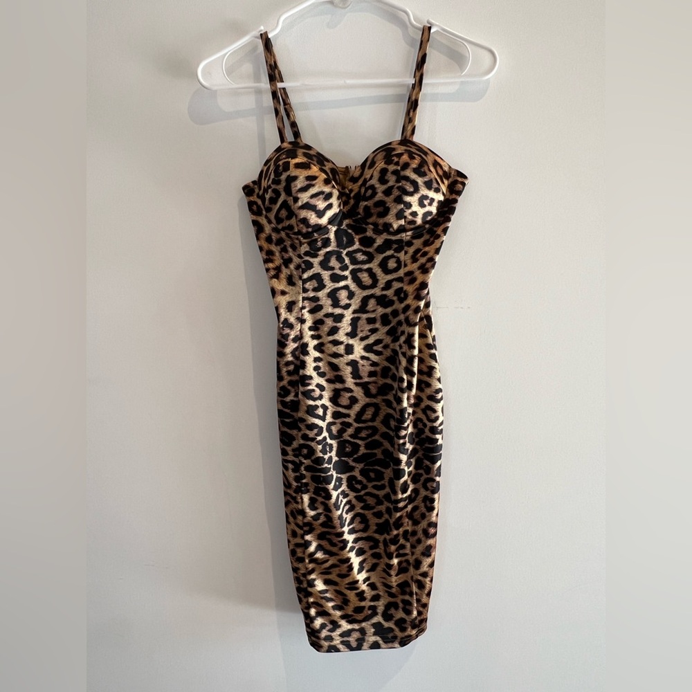 Fashion Nova Leopard Satin Corset Bodycon Midi Dress Size Small